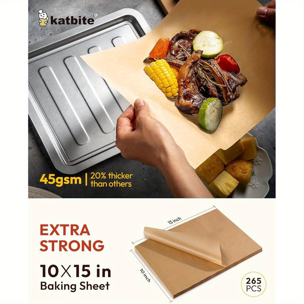 Katbite 265pcs 10x15 Inch Parchment Paper Sheets - Heavy Duty Unbleached Baking Paper, Pre-Cut & Oil-Proof, Perfect for Steaming, Cooking Bread, Cakes & Wrapping Foods - Advanced Series, Food Wrapping Paper, Kitchen Essentials, Foodsafe Material, Foodsafe