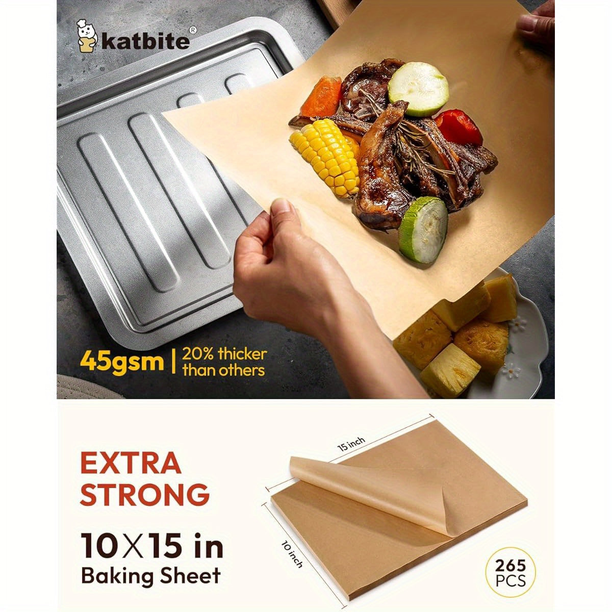 Katbite 265pcs 10x15 Inch Parchment Paper Sheets - Heavy Duty Unbleached Baking Paper, Pre-Cut & Oil-Proof, Perfect for Steaming, Cooking Bread, Cakes & Wrapping Foods - Advanced Series, Food Wrapping Paper, Kitchen Essentials, Foodsafe Material, Foodsafe