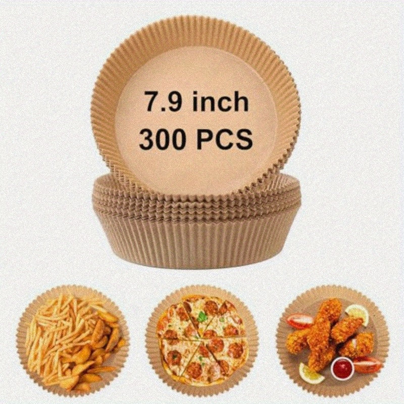 300pcs 7.9 Inch Round Air Fryer Baking Paper Liners - Non-Stick Parchment Sheets, Heat-Resistant up to 428°F, Compatible with 5-8QT Air Fryers, Microwaves, Ovens & Frying Pans | Individually Wrapped for Pizza, Chicken Wings, Fried Foods | Disposable &