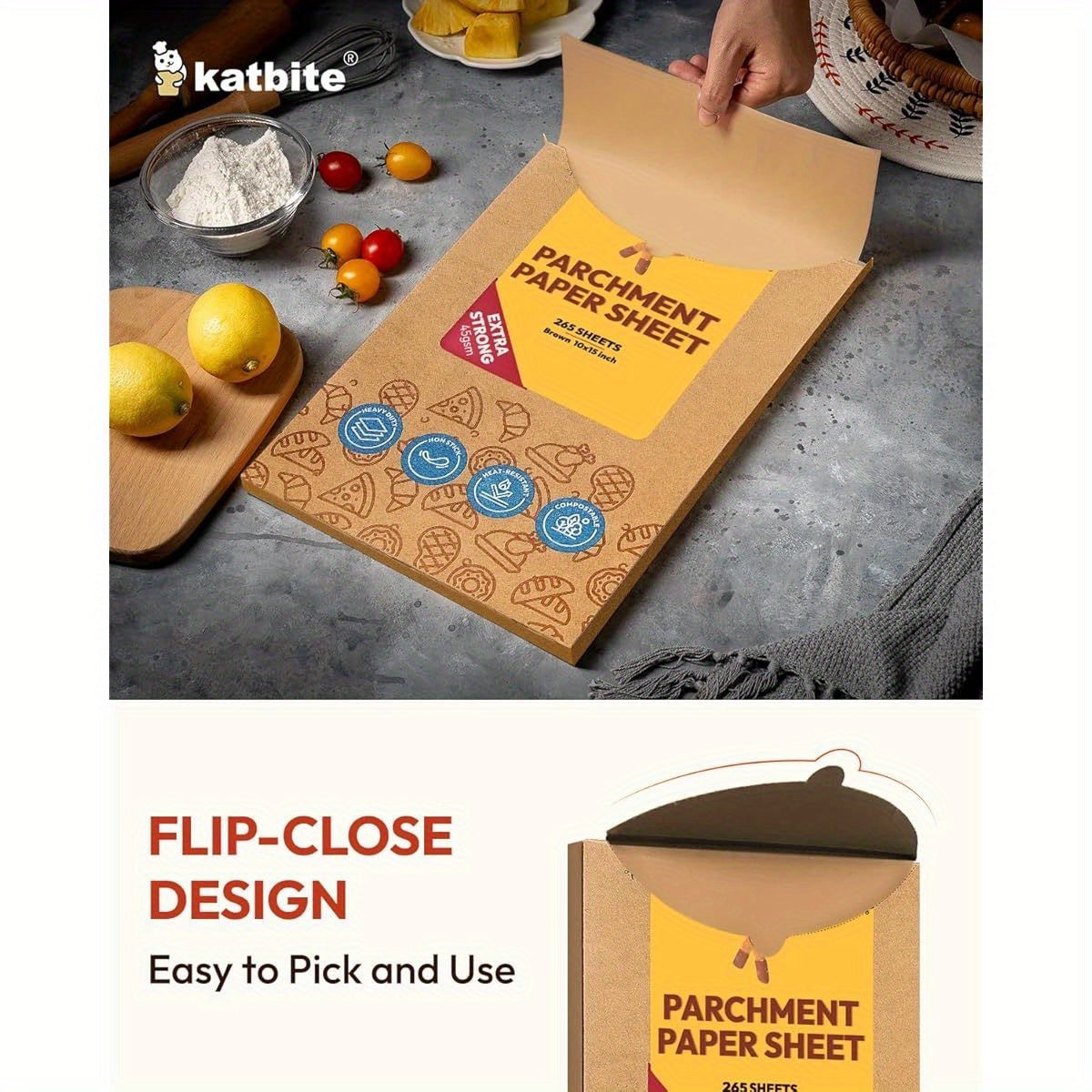 Katbite 265pcs 10x15 Inch Parchment Paper Sheets - Heavy Duty Unbleached Baking Paper, Pre-Cut & Oil-Proof, Perfect for Steaming, Cooking Bread, Cakes & Wrapping Foods - Advanced Series, Food Wrapping Paper, Kitchen Essentials, Foodsafe Material, Foodsafe
